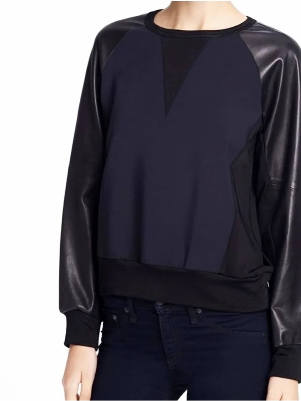 Rag & Bone Lamb Leather Sleeved Black Sweatshirt Sz Large
